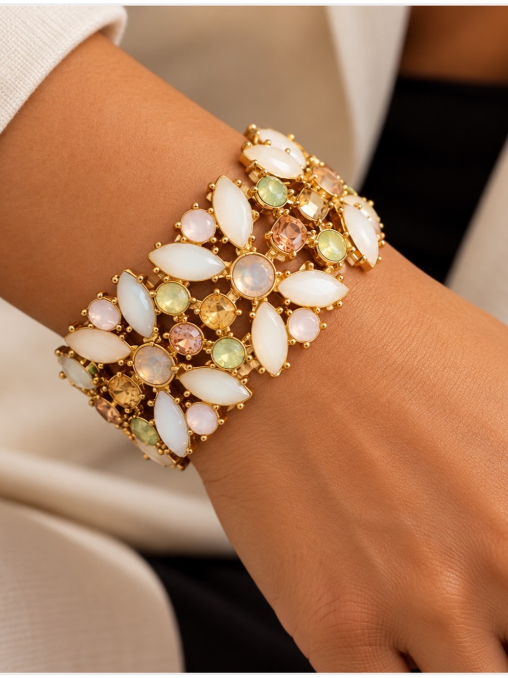 Gold-Tone Multi Stone White and Pastel Stretch Bracelet